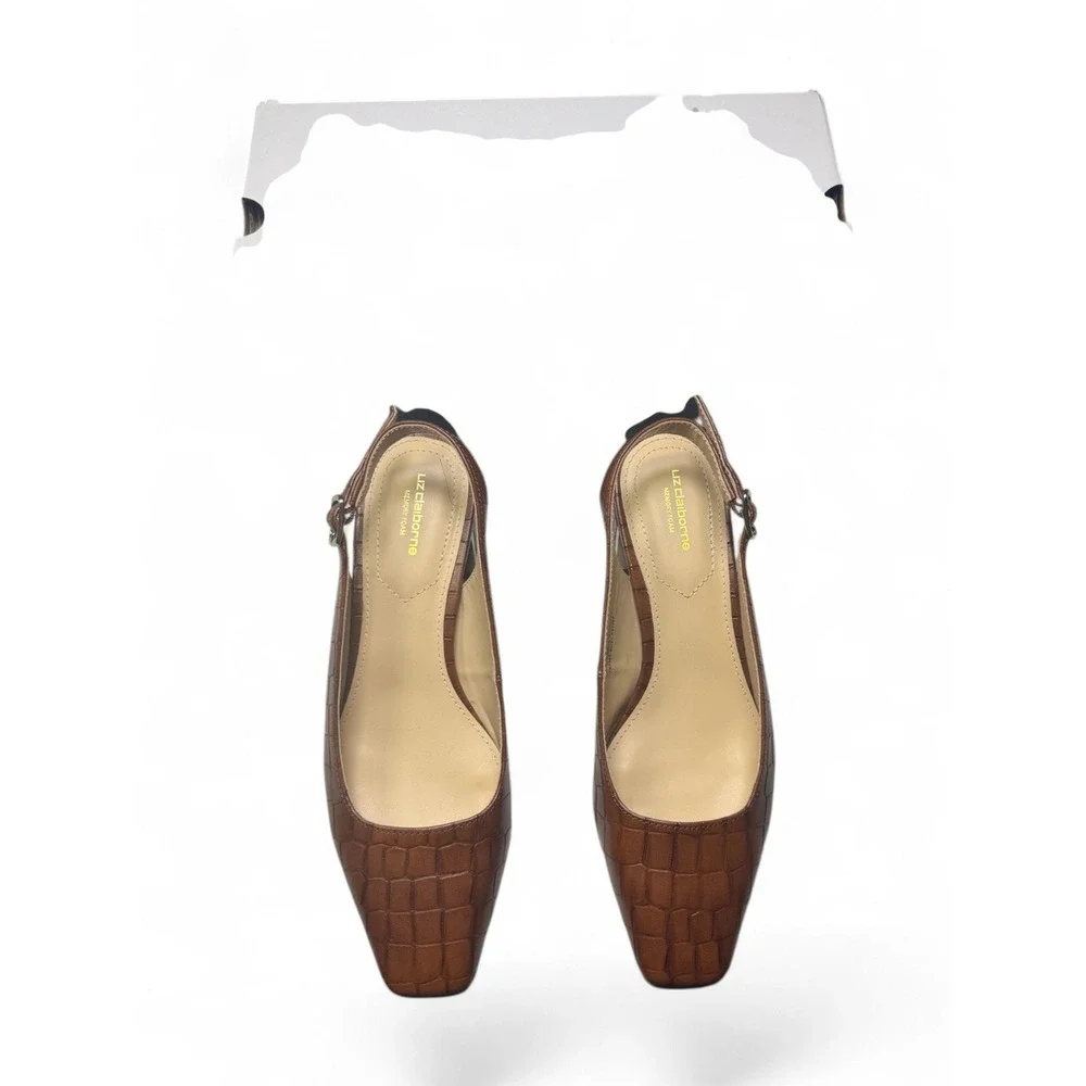 Liz Claiborne LC Forbes Cognac Croc Slingback Block Heel Pumps Womens 7M NEW